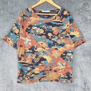 Peruvian Connection Top XS/S Pima Cotton Asian‎ Cranes Floral Artsy Casual Tee